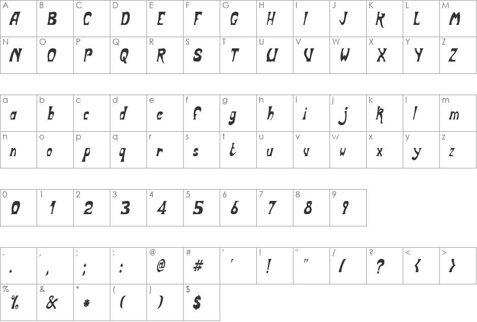 BodyShopCondensed font character map preview
