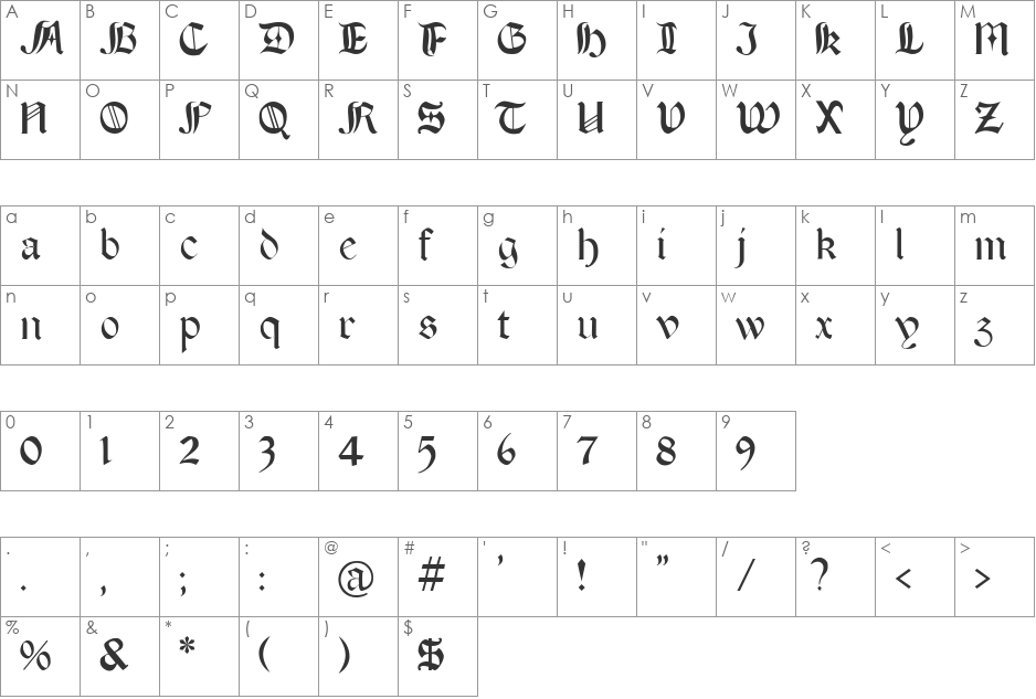 BoereTudor font character map preview