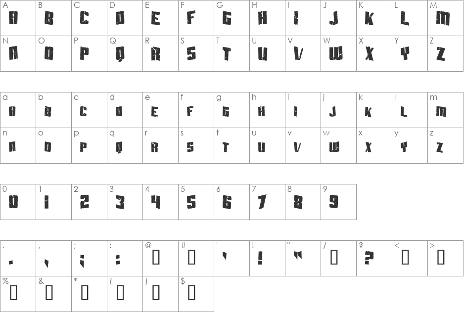 Aftershock Debris Condensed font character map preview