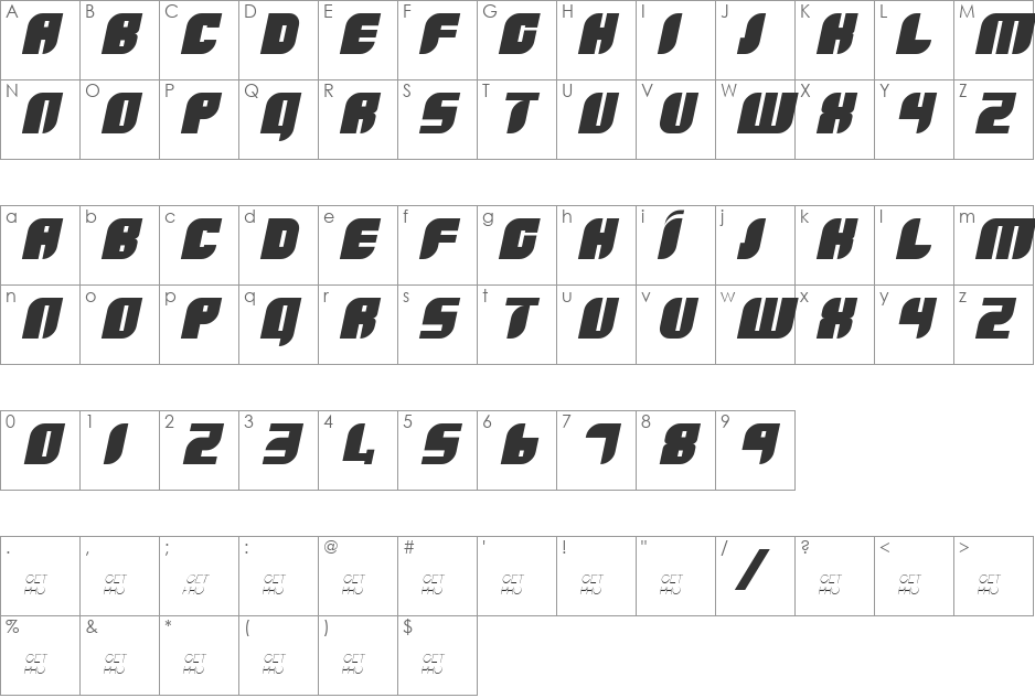 Boldie Italic font character map preview