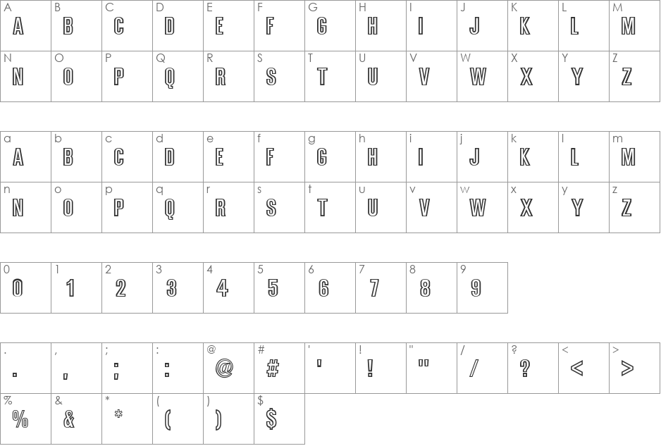 BoldSansOutline font character map preview