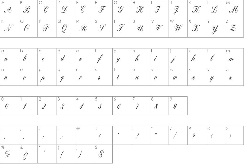 Bolina font character map preview