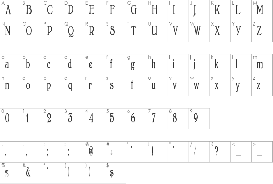 BoltonElongated font character map preview