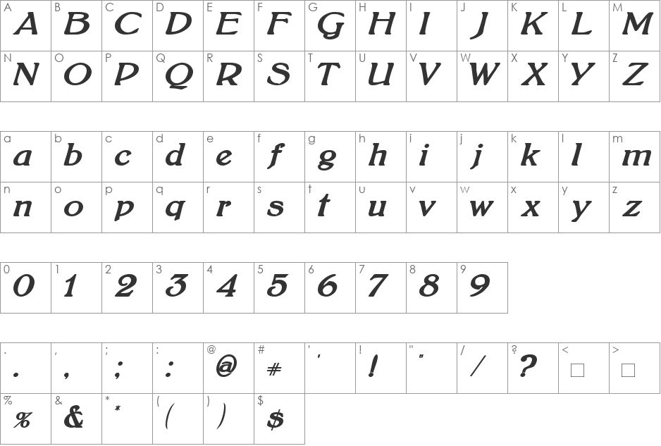 BoltonItalic font character map preview