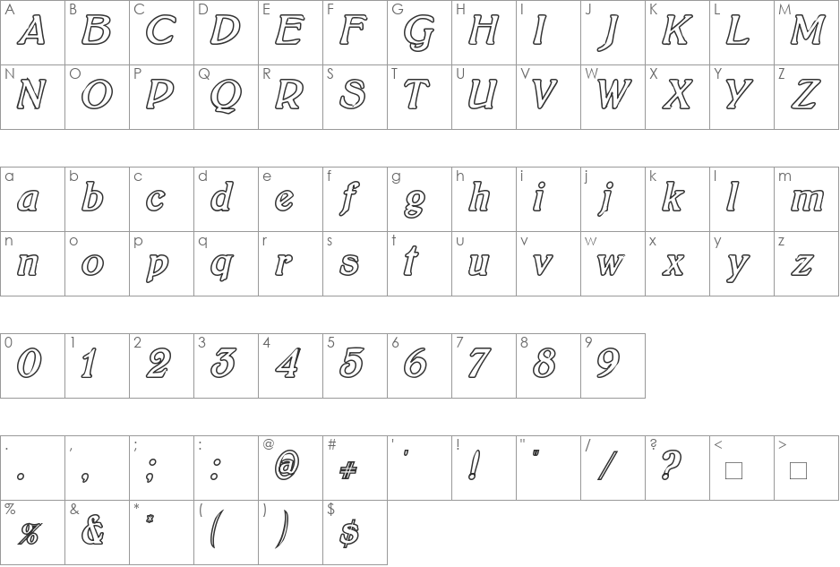 BoltonItalicOutline font character map preview