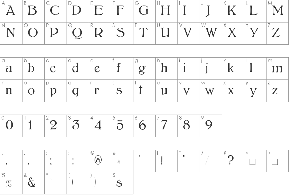 BoltonLight font character map preview
