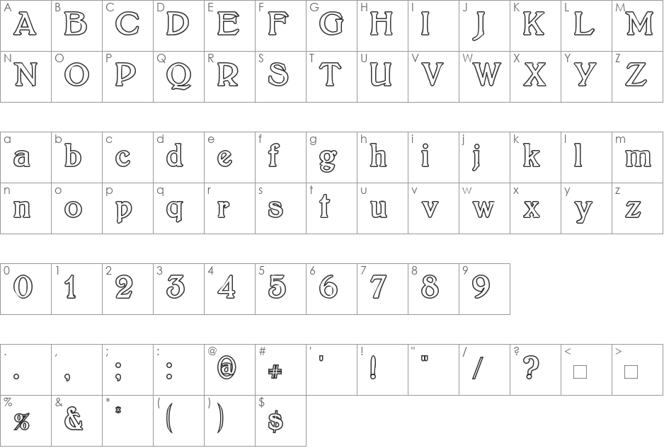 BoltonOutline font character map preview