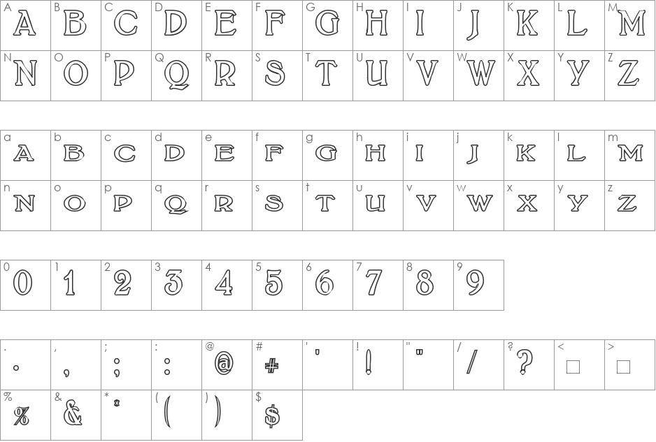 BoltonTitlingOutline font character map preview