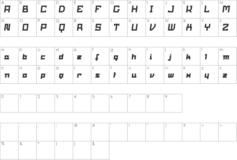 Bondage font character map preview