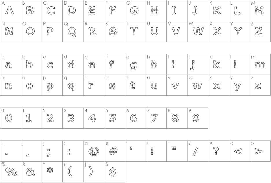 Boneribbon Outline font character map preview