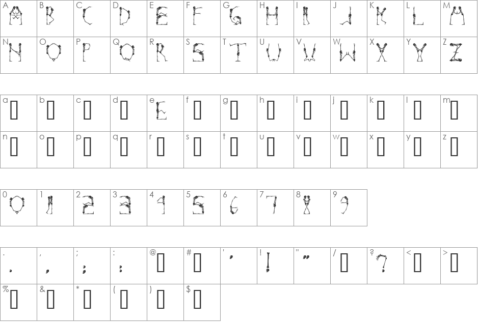 Boneyard font character map preview