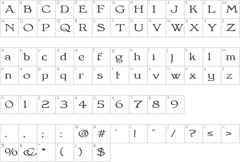 Bonning Wide font character map preview