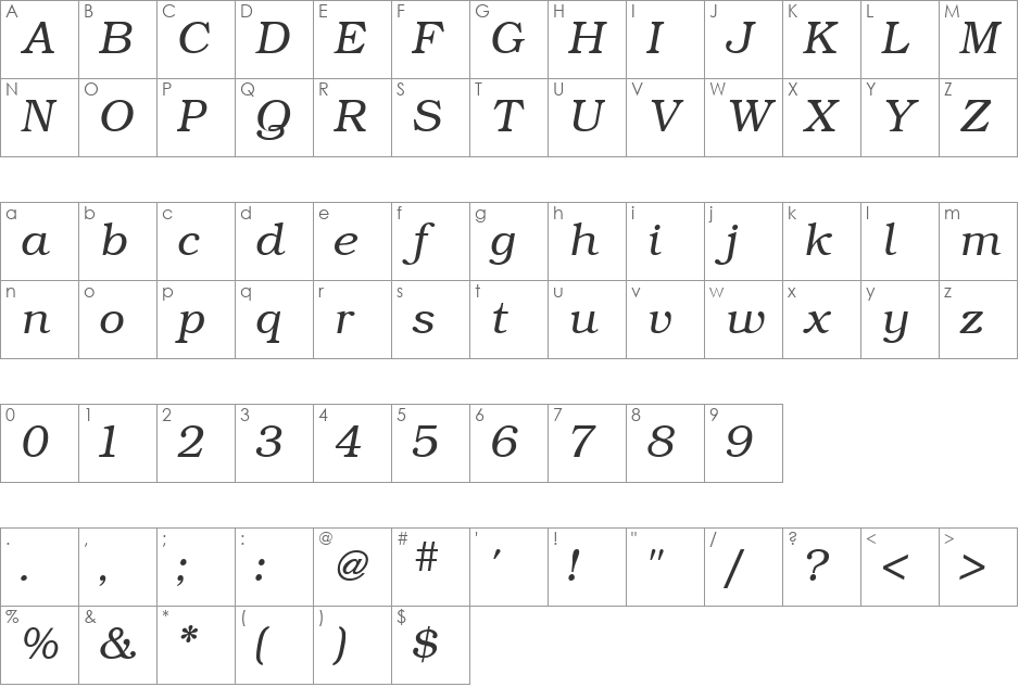 Bookman Light font character map preview