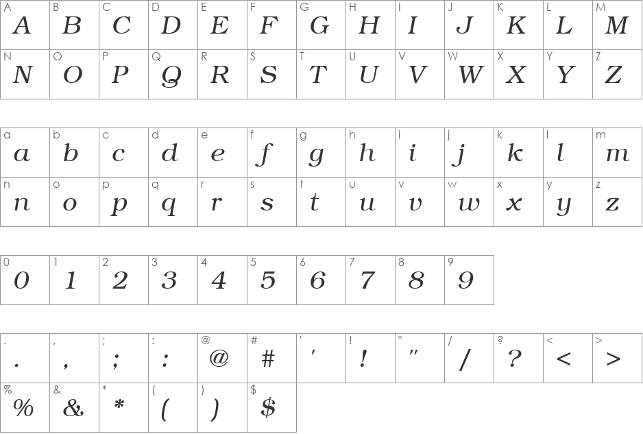 BookmanCTT font character map preview