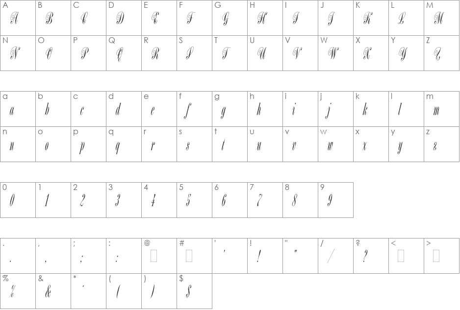 Bordeaux Script font character map preview
