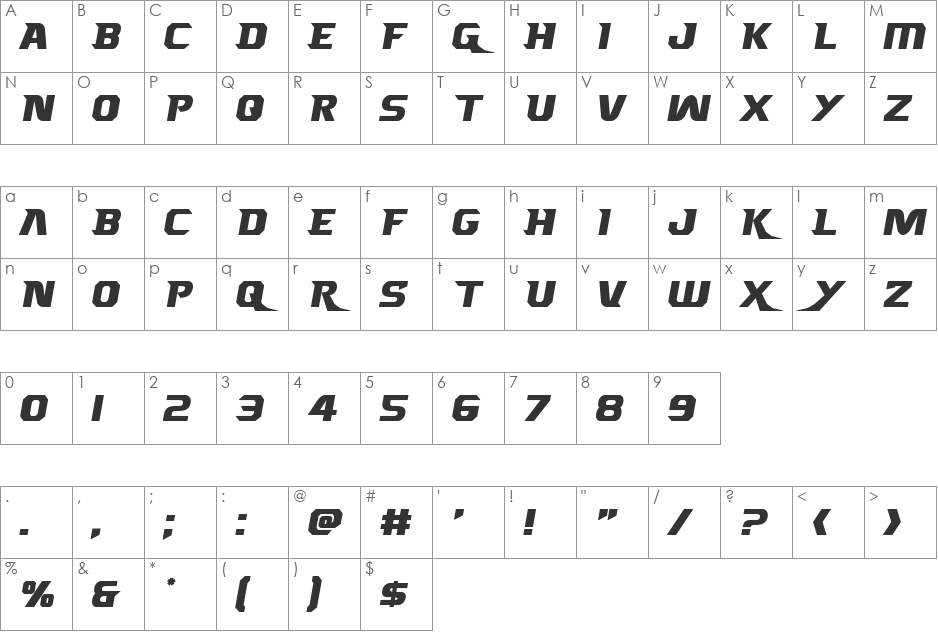 Borgsquad Italic font character map preview