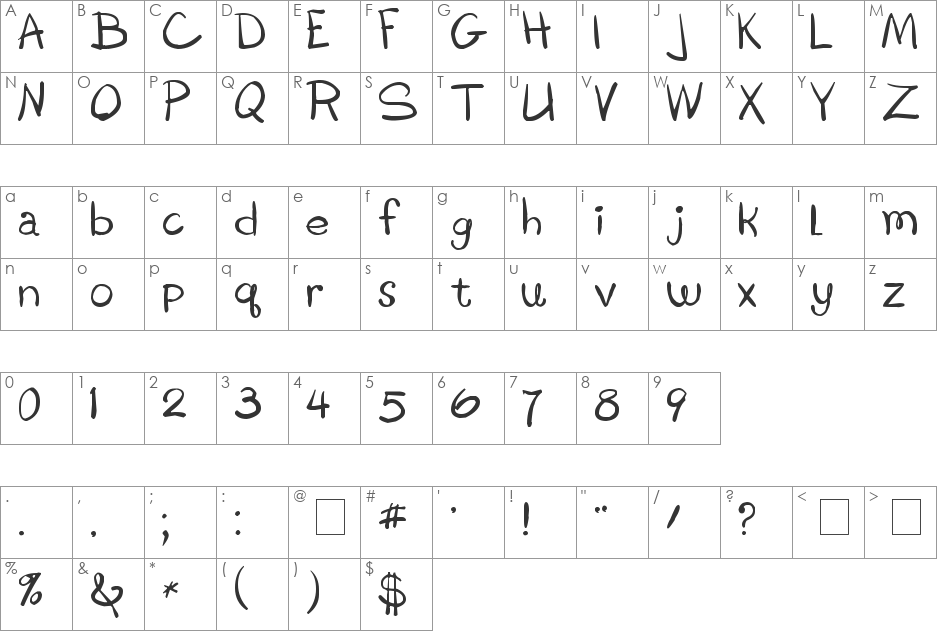 Boring Showers font character map preview