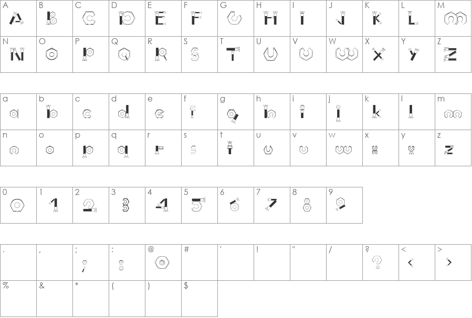 Boulons Tryout font character map preview