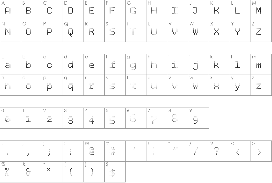 BPdotsCondensedSquare font character map preview