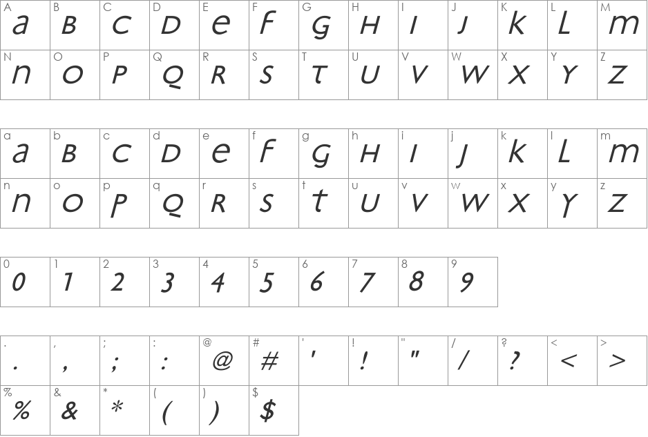 Bradbury-Oblique font character map preview