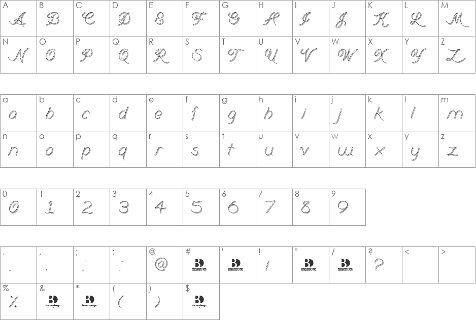 Branum Cursive font character map preview