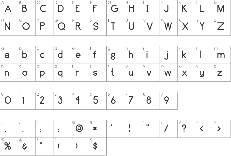 Brassfield font character map preview