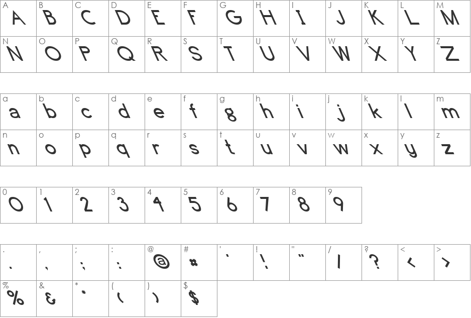 Brassfield Extreem Lefty font character map preview