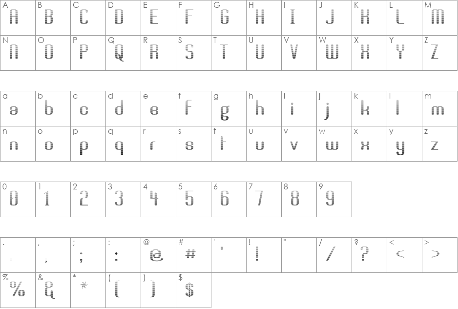 Brassiere Line font character map preview