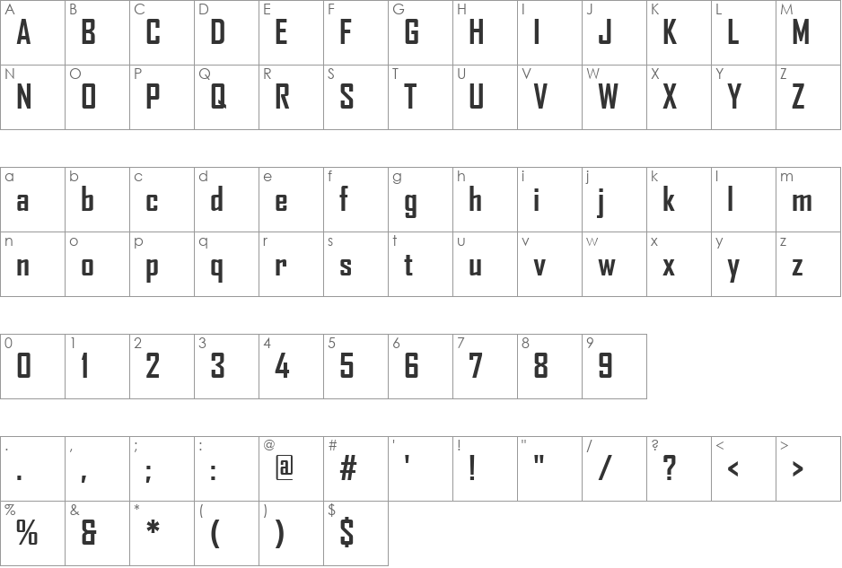 Agency font character map preview
