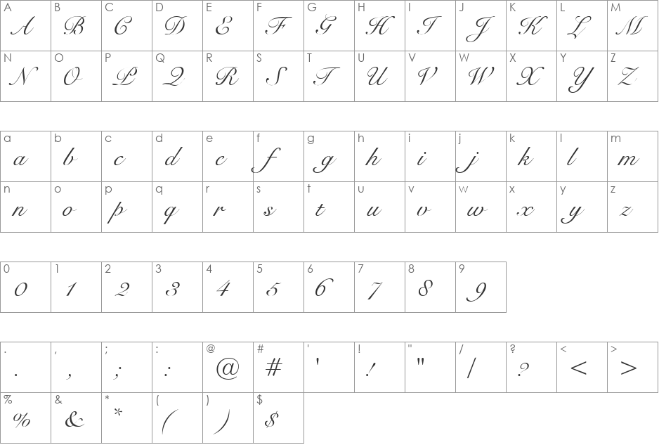 BravoScriptSSi font character map preview