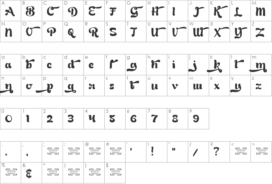 Bready Clockwise Demo font character map preview