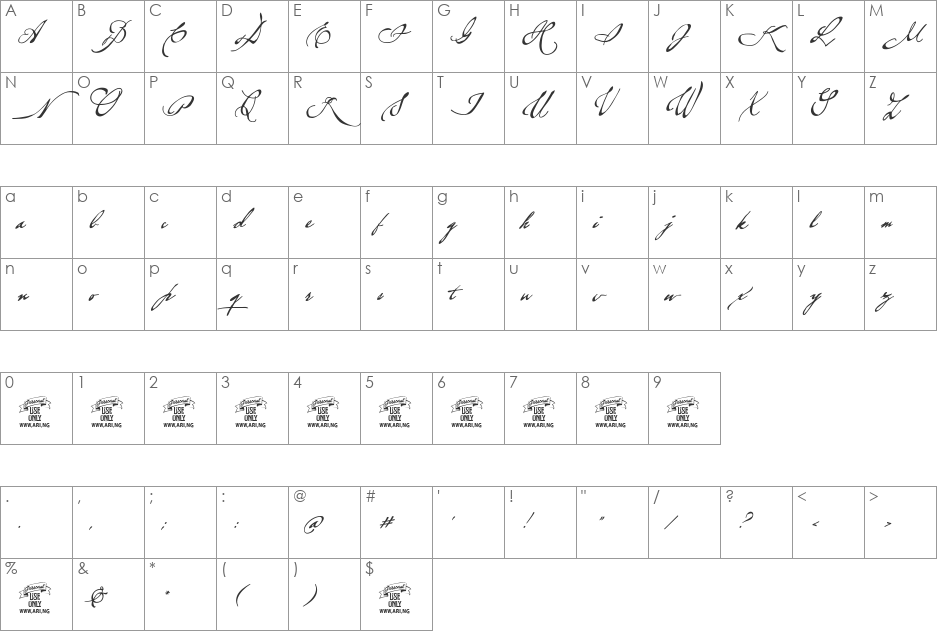 Brev Script Personal Use font character map preview