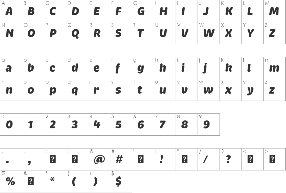 Brevia BlackItalic font character map preview