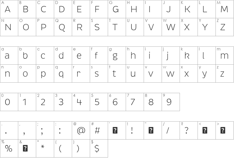 Brevia Light font character map preview