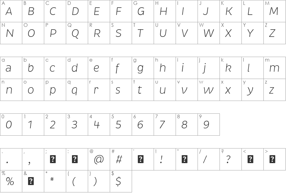 Brevia LightItalic font character map preview