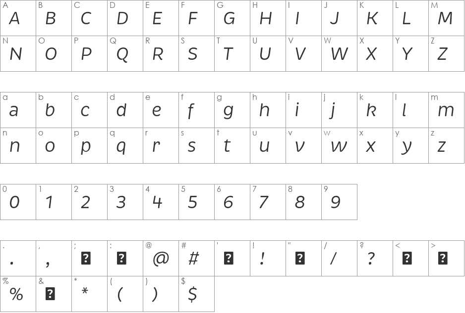 Brevia RegularItalic font character map preview