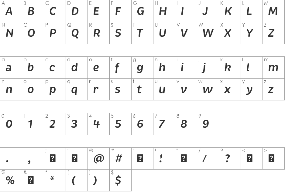 Brevia SemiboldItalic font character map preview