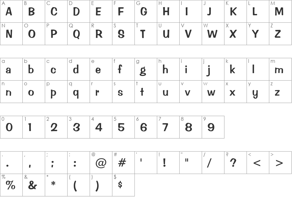 Brimfield font character map preview