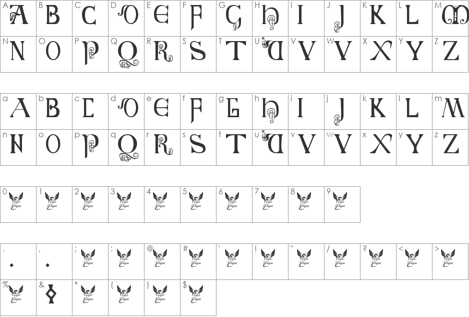 British Block Flourish, 10th c. font character map preview