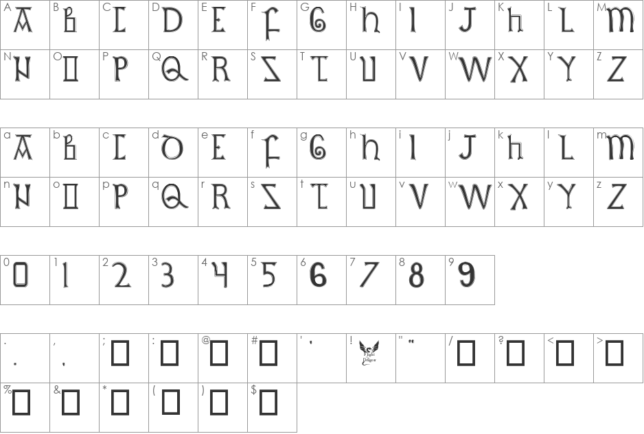 British Outline Majuscules font character map preview