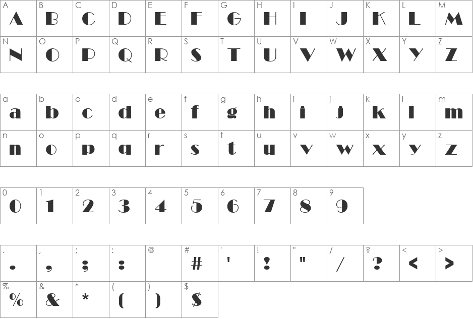 Broad font character map preview