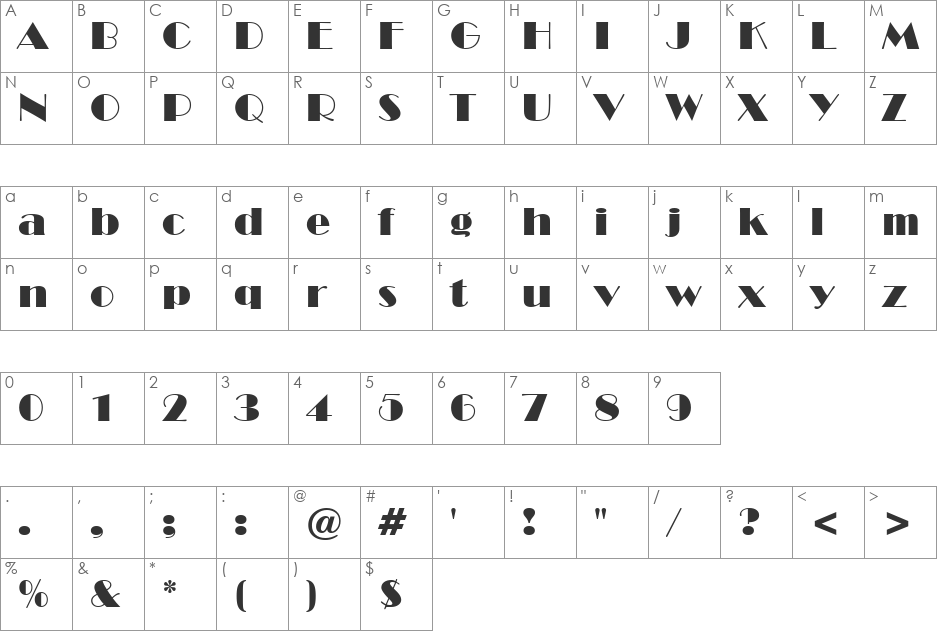 Broadway BT font character map preview