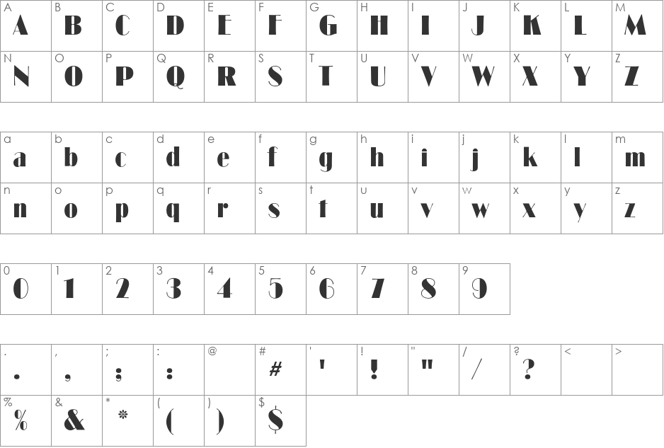 Broadway CG font character map preview