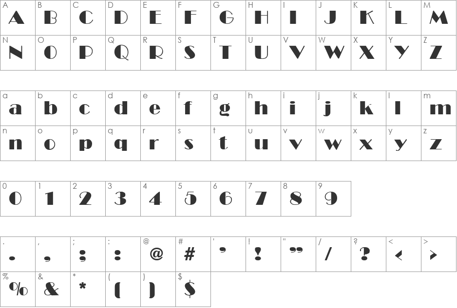 Broadway DB font character map preview