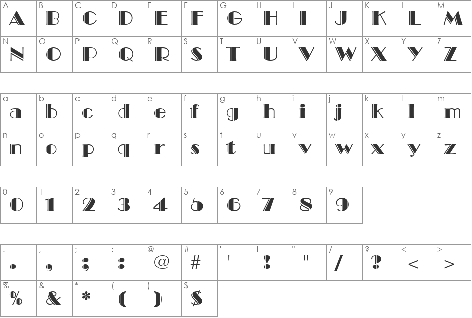 Broadway Engraved font character map preview