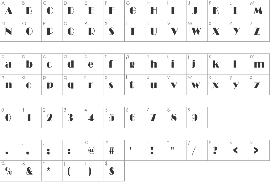 BroadwayCnd-Normal font character map preview