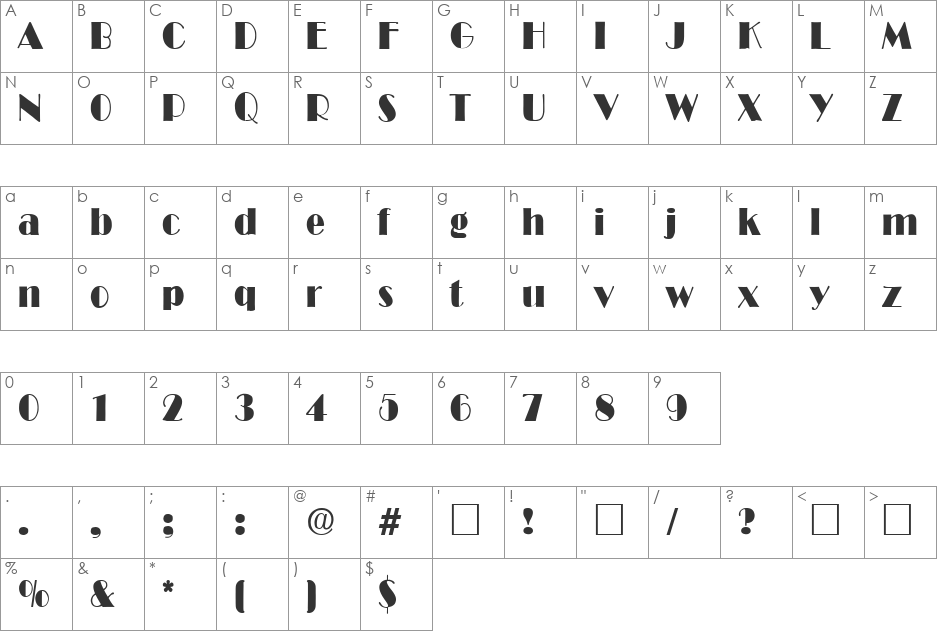 BroadwayCondensed font character map preview