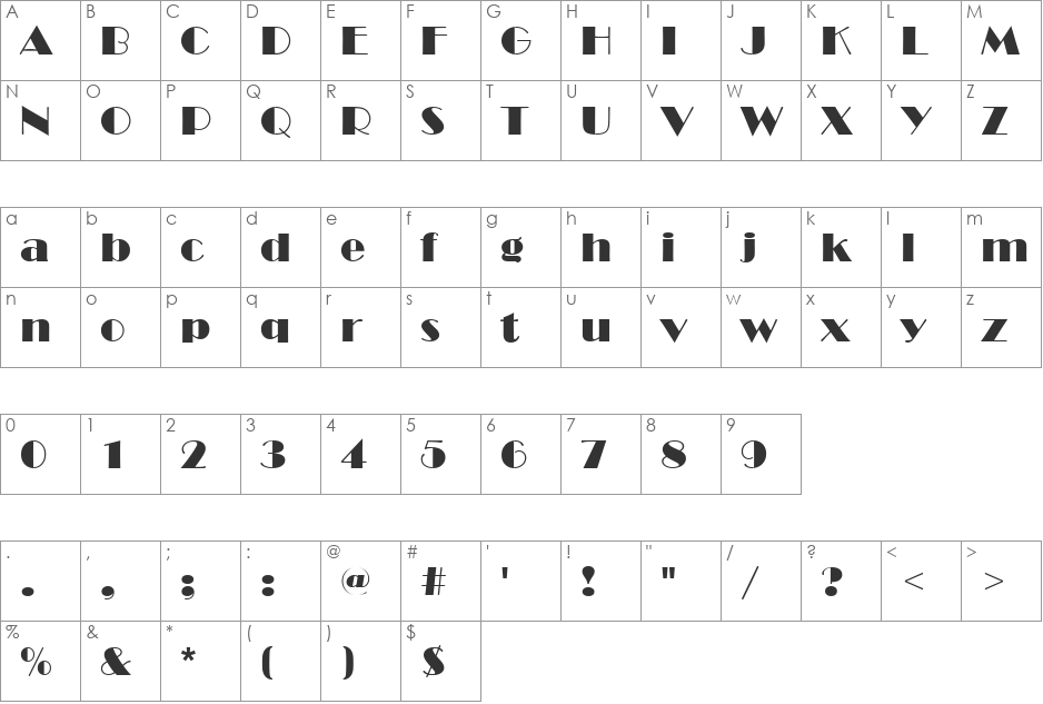 BroadwayD font character map preview