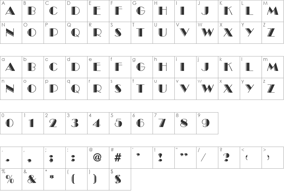 BroadwayEngraved font character map preview