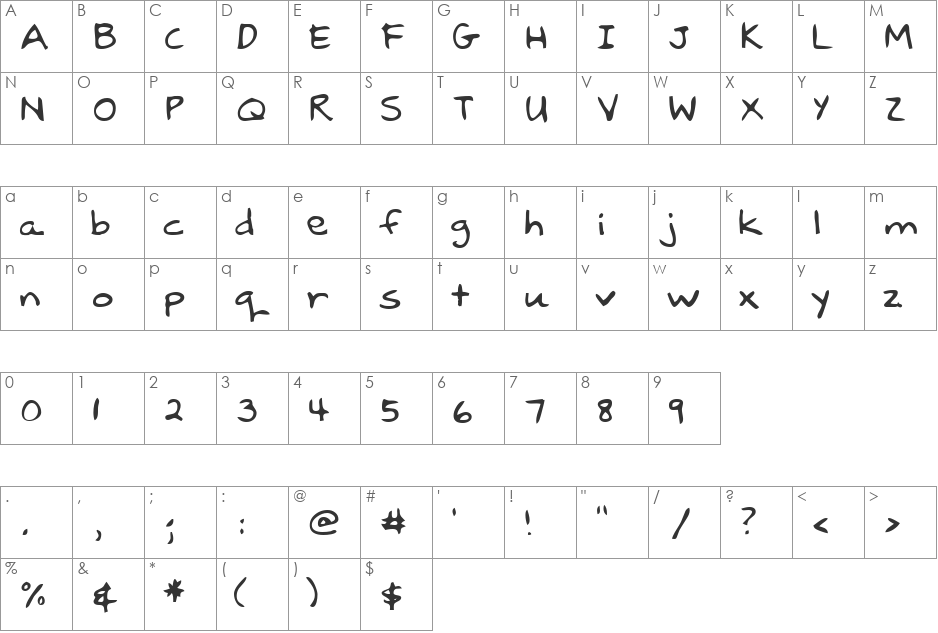 BrodysHand font character map preview